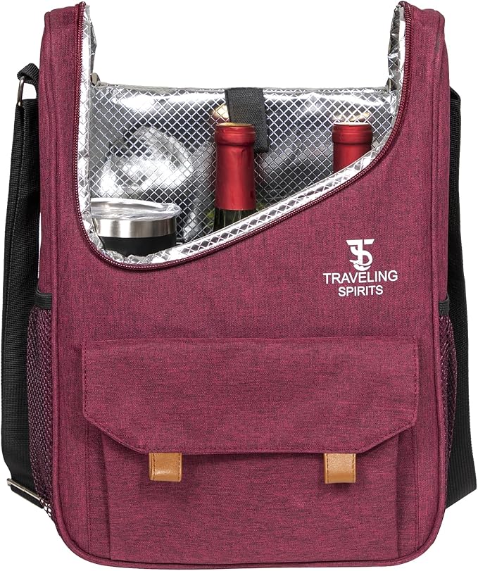 Insulated Red Wine Edition Carrier | 2-3 Bottle Travel Bag With Stainless Steel Tumblers | Cooler Tote for Travel - Great Gift for Wine Lovers (Red)