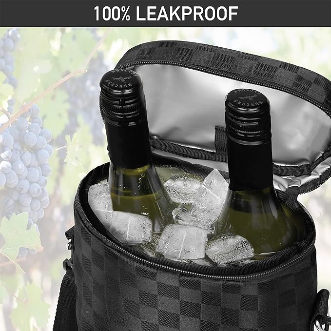 opux Wine Bag 2 Bottle Wine Tote Carrier, Insulated Wine Cooler Bag for Travel Picnic, Leakproof Portable Bottle Padded Case, Wine Gifts For Women Men Wine Lovers Christmas, Black
