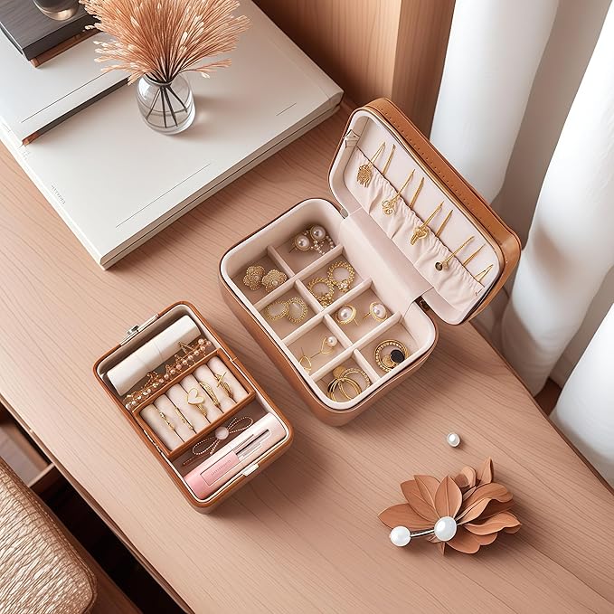 small travel jewelry case,Double Layer Travel Jewelry Box Organizer, Leather Case with Necklace Holder and Ring Storage/box organizer storage