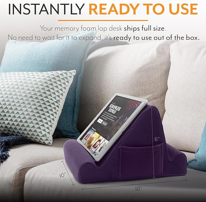 Brookstone, Memory Foam Lap Desk Tablet Holder, Holds Phones, iPads, E-Book Readers, 2 Viewing Angles, 2 Side Pockets for Accessories, Book Holder Cushion, Perfect Home, Car Travel Flights, Purple