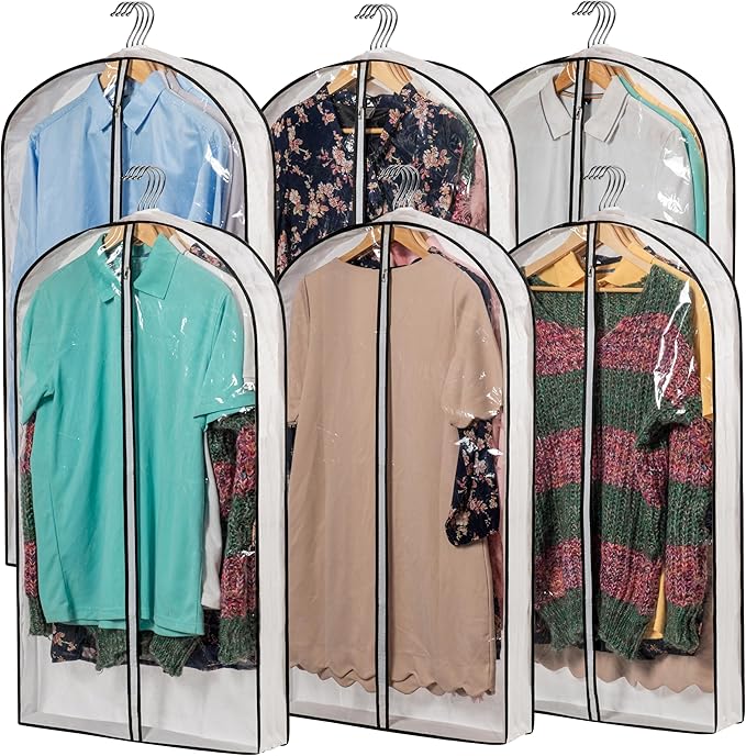 Hanging Clothes Storage with 4" Gusseted Garment Covers (Set of 6) - Clear Suit, Dress, Sweater, Shirt Protectors - 24"x 40"x 4" / 6 Pack