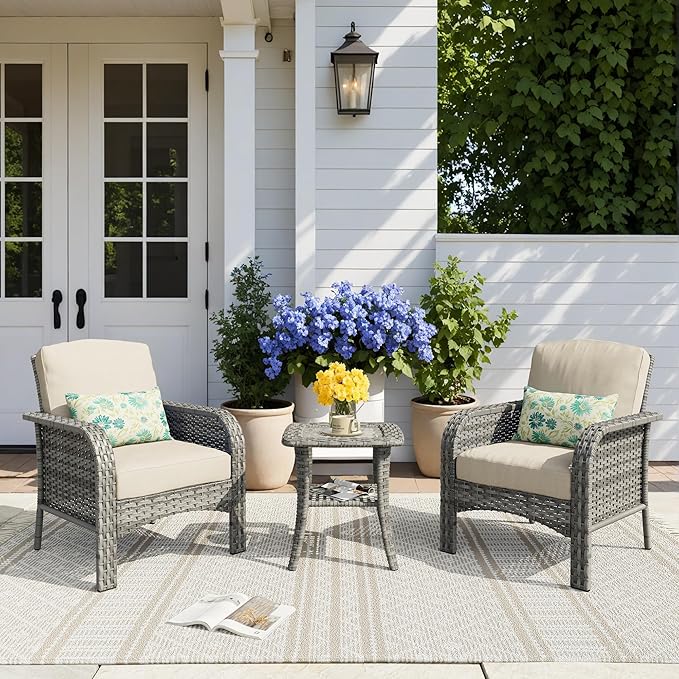 HOOOWOOO Patio Furniture Set,3 Pieces Outdoor Conversation Set,All Weather Wicker Bistro Set Yard Porch High Back Chairs Side Table,Beige