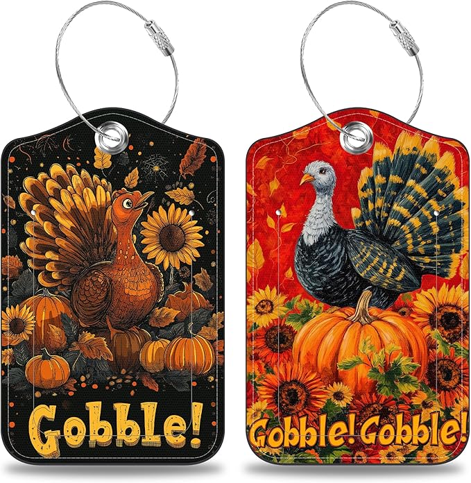 2 Pack Pumpkin and Sunflower Luggage Tags for Suitcases Autumn Turkey Leather Luggage Tags Privacy Cover ID Label with Stainless Steel Loop and Address Card for Women Men Travel Bag Backpack