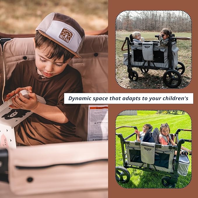 Keenz VYOO Stroller Wagon with Canopy - Foldable Design for Easy Storage, 5 Seating Positions for Kids, Enhanced Child Safety, All-Terrain Mobility, 4-Passangers, Mocha