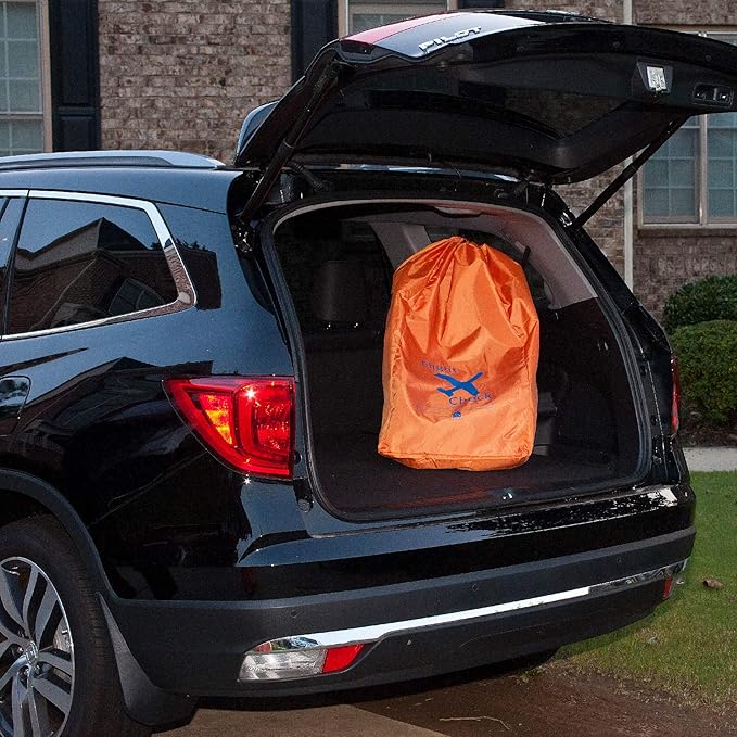 Car Seat Travel Bag and Carrier for Gate Check with Travel Pouch - Bright Orange with Blue Letters for Airport, Airplane Gate Check, Car Trips and Storage Double Backpack Straps | Carseat Bag for sto