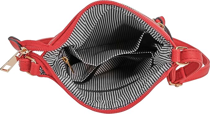 DELUXITY | Red Crossbody Bag | Women's Fashion Multi-Pocket Double Zipper Purse | Adjustable Strap | Medium Size | Perfect for Christmas