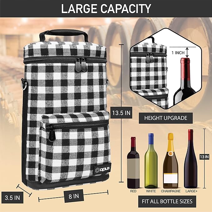 Opux 2 Bottle Wine Tote Carrier, Insulated Cooler Bag for Travel Picnic, Leakproof Padded Case, Wine Gifts for Women & Men, Plaid Buffalo White