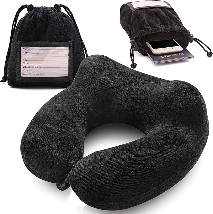 Inflatable Travel Neck Pillow: Extra-Soft, Cushion. for Airplanes, Trains, Cars, Portable Travel Accessory-with Carrying Pouch for Cell Phone and Passport Etc. (Black) (OW-103)