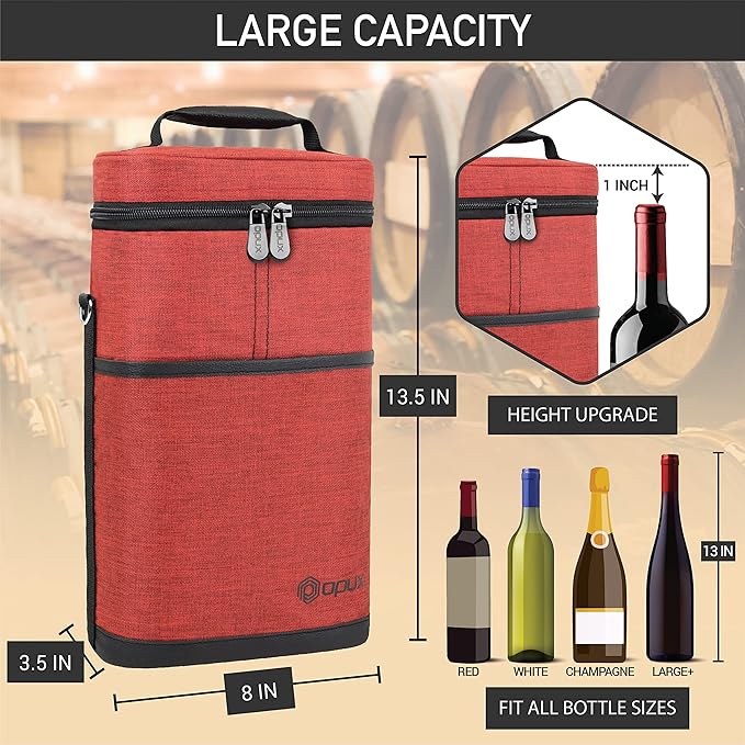 opux 2 Bottle Wine Carrier Tote, Insulated Leakproof Wine Cooler Bag, Wine Travel Bag for Picnic BYOB Beach, Portable Wine Bottle Carrying Case, Gift for Wine Lover Women Men Christmas, Red