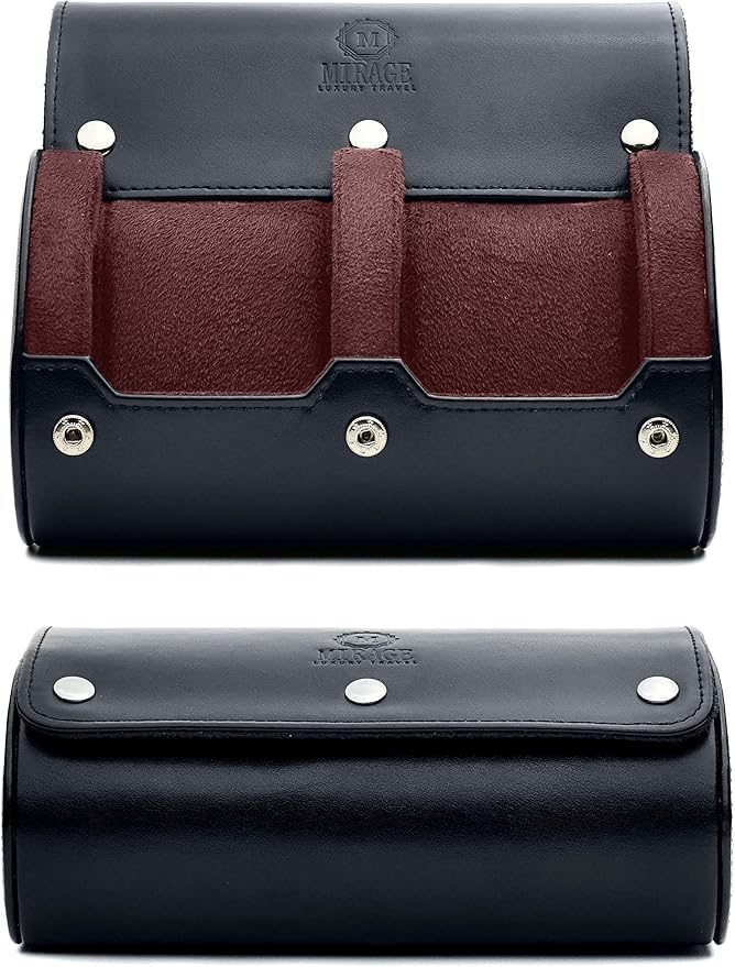2 Watch Case for Men - Watch Roll Travel Case - Jade Black Motif Vegan Leather