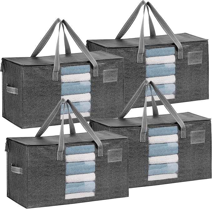 VENO 4 Pack Moving Bags, Comforter and Blanket Storage Bags for Closet, Moving Boxes, Boxes with Lids Alternative, College Dorm Packing Supplies, Foldable Heavy-Duty Tote with Window (Gray, 4 Pack)