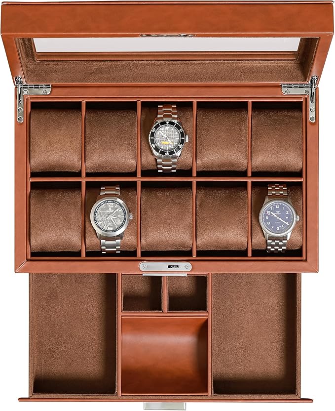 ROTHWELL 10-Slot Watch Box in Leather with Valet Drawer, Luxury Watch Case Display Organizer with Ultra Soft Microsuede Liner, Jewelry and Sunglass Holder With Large Glass top (Tan/Brown)