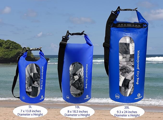 Freegrace Waterproof Dry Bags Set Of 3 Dry Bag With 2 Zip Lock Seals & Detachable Shoulder Strap, Waist Pouch & Phone Case - Can Be Submerged Into Water - For Swimming (Navy Blue(Window), 10L)