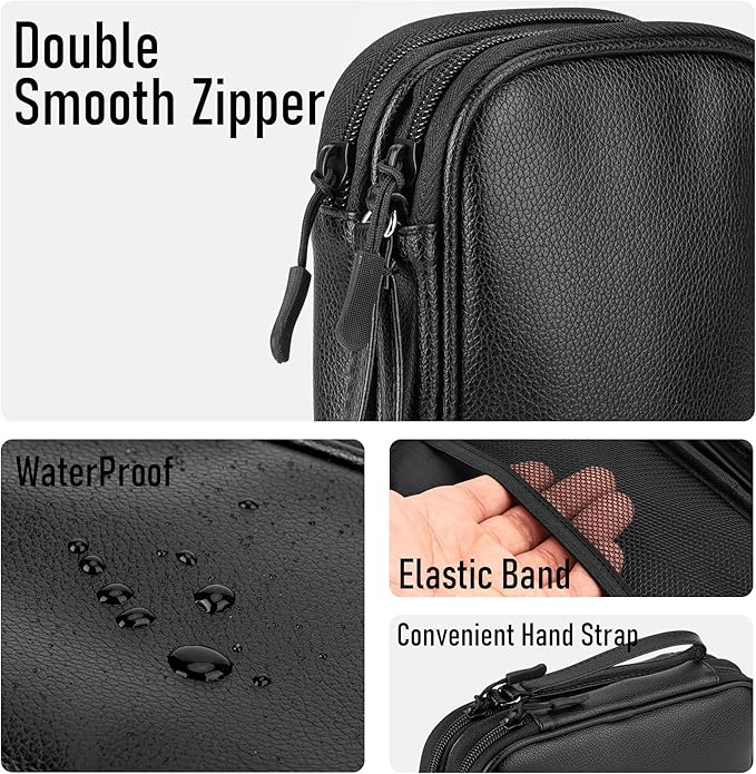 Leather Travel Electronic Organizer - Double Layer, Waterproof Case for Cables, Chargers, Phones & More - Portable, Shockproof Pouch for All Your Electronics Accessories (Black, M)
