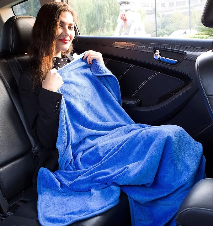 BlueHills 2-Pack Premium Soft Travel Blanket Pillow Airplane Blanket in Soft Bag Pillowcase with Hand Luggage Belt and Backpack Clip, Compact Pack Large Blankets for Any Travel Royal Blue T015