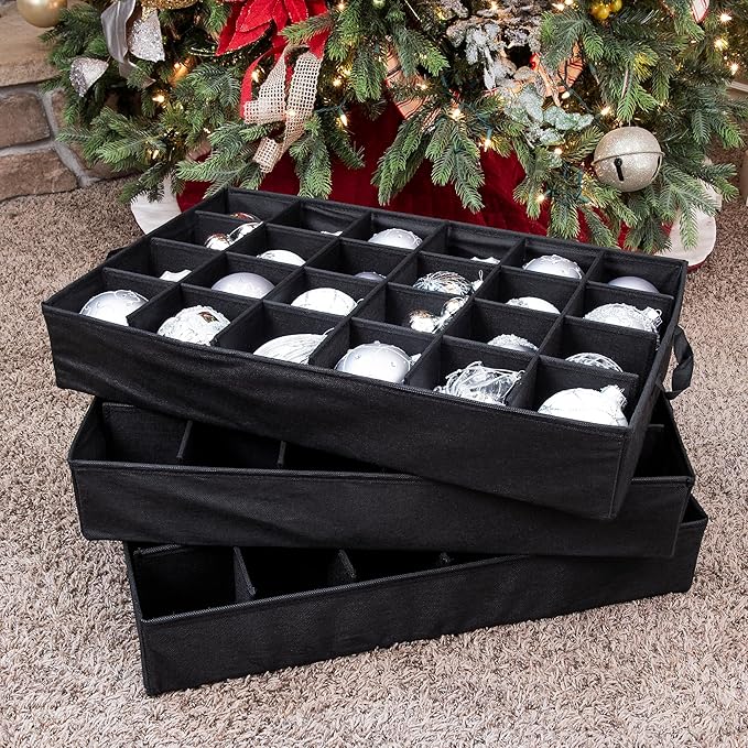 TreeKeeper Stack & Lock™ Green Christmas Ornament Storage Box Holds 72 Ornaments up to 4" Diameter, 3 Removable Trays with Separators, Top Pocket