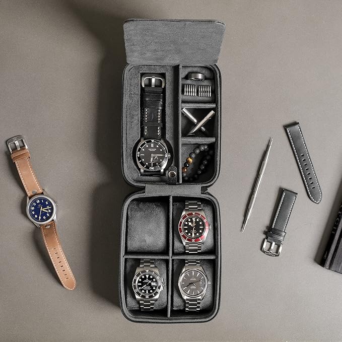 ROTHWELL 5 Watch Travel Case Storage Organizer for 5 Watches | Tough Portable Protection w/Zipper Fits All Wristwatches & Smart Watches Up to 50mm (Black/Grey)