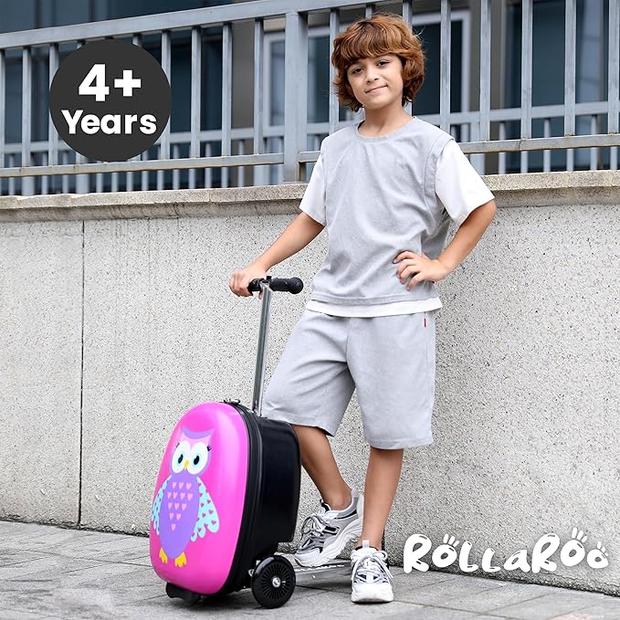 Owl Kids Scooter Suitcase - Folding Kids Luggage with Wheels - Multifunctional Ride on Luggage Travel suitcase with Strong Grip, Easy Locks and Zippers – Capacity to Hold 110LB