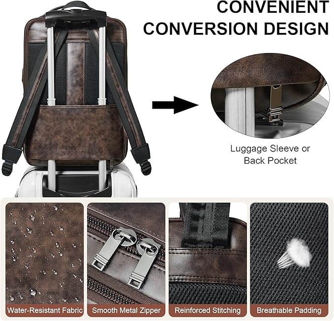 Vegan Leather Laptop Backpack for Women&Men,16 Inch Expandable Backpack with USB Charging Port,Two-toned Coffee