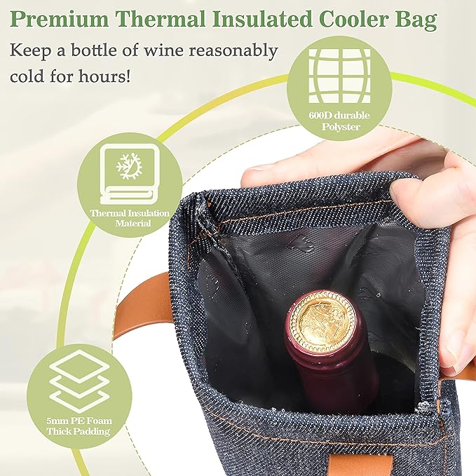 Tirrinia Single Wine Carrier Tote, Insulated Wine Cooler Bag for Travel, Picnic, & Wine Gifts – Thermal Padded Wine Bottle Holder Tote for Men & Women, Wine Gift for Wine Lovers,Dark Blue