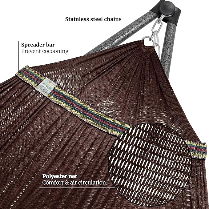 Tranquillo Universal Hammock with Stands Electro Static Coated Steel, Adjustable Foldable Hammock Stand with 2 Layered Polyester Net and Carry Bag for 2 Persons (Combo - Brown)