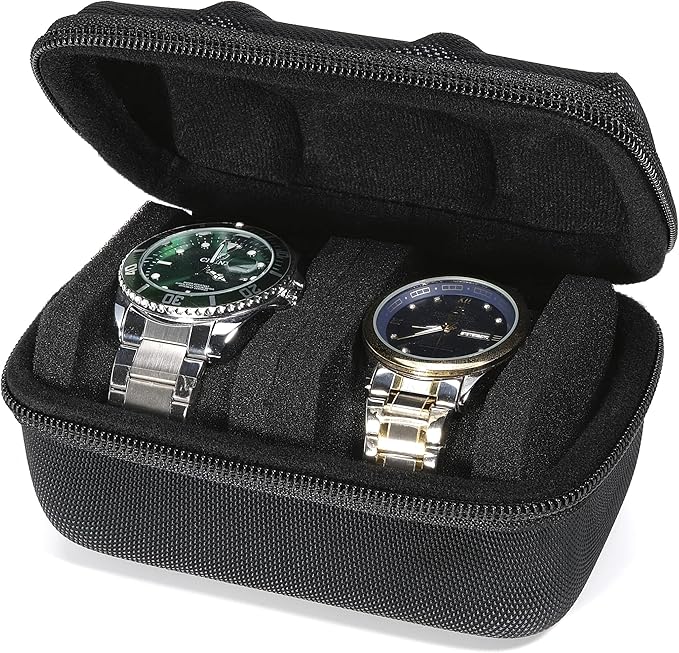 Hard single watch travel case, men's sports watch organizer box with flexible watch pillow (Black, 1 slot red lining)