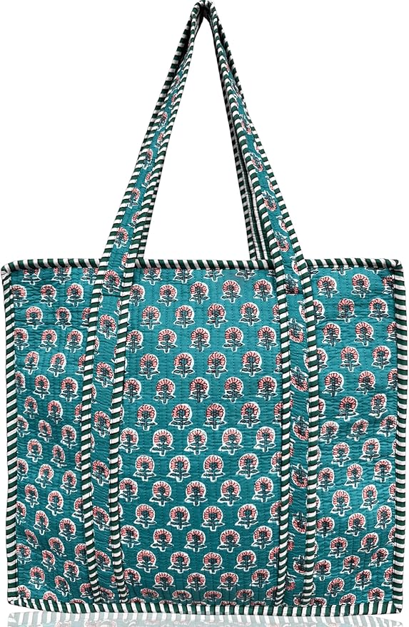 Cotton Quilted Tote Bag for Women – Large Beach & Travel Tote with Zipper, Reusable Grocery Bag