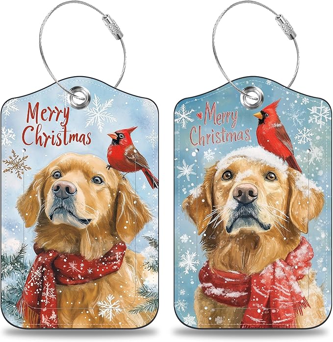Christmas Dog and Red Cardinal Bird Set of 2 Luggage Tags for Suitcases Leather Suitcase Tags Identifiers with Privacy Name Label and Stainless Steel Loop for Women Men Travel Luggage Accessories