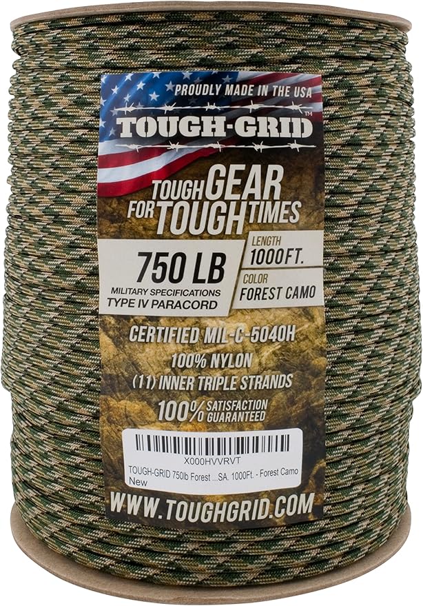 TOUGH-GRID 750 Paracord Rope Nylon Parachute Cord, Made in USA Survival Kit, Outdoor Adventures, Camping, Tactical Gear & Emergency Supplies, Military Type IV Mil-Spec