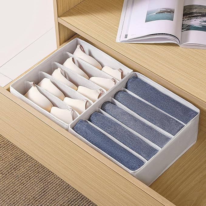 4 Packs Jeans Drawer Organizers for Clothing,5 Grids Compartment Wardrobe clothes organizer,Fabric Washable Closet Organizers and Storage Bins for Jeans,Pants,Bra,Legging,t-shirt-White