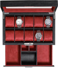 ROTHWELL 10-Slot Watch Box in Leather with Valet Drawer, Luxury Watch Case Display Organizer with Ultra Soft Microsuede Liner, Jewelry and Sunglass Holder With Large Glass top (Black/Red)