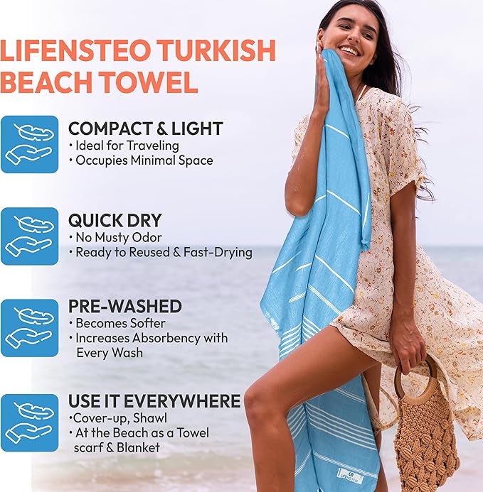 Turkish Beach Towel - 40x71 inch Oversized Sand Resistant Prewashed Turkish Towel - 100% Turkish Cotton Quick Drying, Compact, Lightweight Turkish Towel for Beach, Bath, Pool, Gym, Yoga