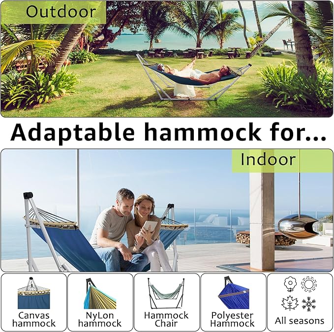 Tranquillo Ultimate Relaxation Portable Hammock Stand, Foldable Hammock Stand with Canvas Hammock, Spreader Bar, Quick Fold Unfold in 30 Seconds Steel Frame Hammock 600 lbs Capacity, White/Blue