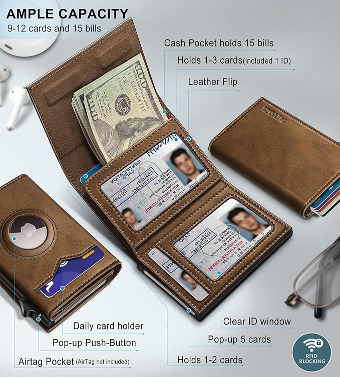 Airtag Wallet for Men,with Cash Pocket 2 ID Window 9-12 Cards,Metal Case Smart Slim Pop Up Credit Card Holder Flip with Magnetic Closure RFID Blocking Trifold wallet with Gift Box