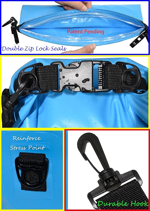 Freegrace Waterproof Dry Bags Set of 3 Dry Bag with 2 Zip Lock Seals & Detachable Shoulder Strap, Waist Pouch & Phone Case - Can Be Submerged Into Water - for Swimming (Sky Blue, 10L)
