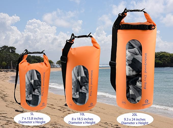 Freegrace Waterproof Dry Bags Set of 3 Dry Bag with 2 Zip Lock Seals & Detachable Shoulder Strap, Waist Pouch & Phone Case - Can Be Submerged Into Water - for Swimming (Orange(Window), 10L)