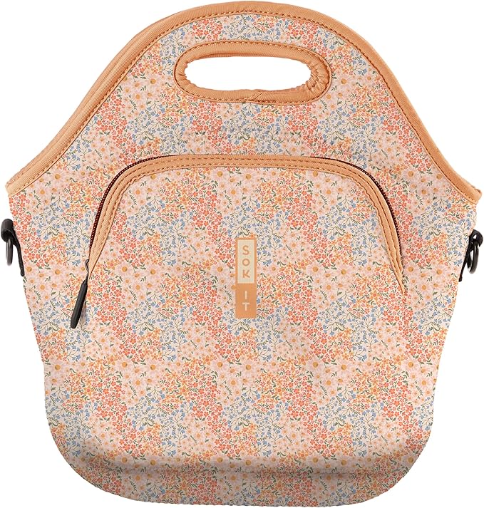 Sok It LunchTote Zippered Bag Insulated Neoprene Caddy (Dainty Florals, X-Large 6.5 Quart Lunch Tote)