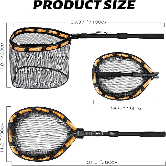 PLUSINNO Floating Fishing Net for Steelhead, Salmon, Fly, Kayak, Bass, Trout Fishing, Catfish, Rubber Coated Landing Net for Easy Catch & Release for Easy Transportation & Storage