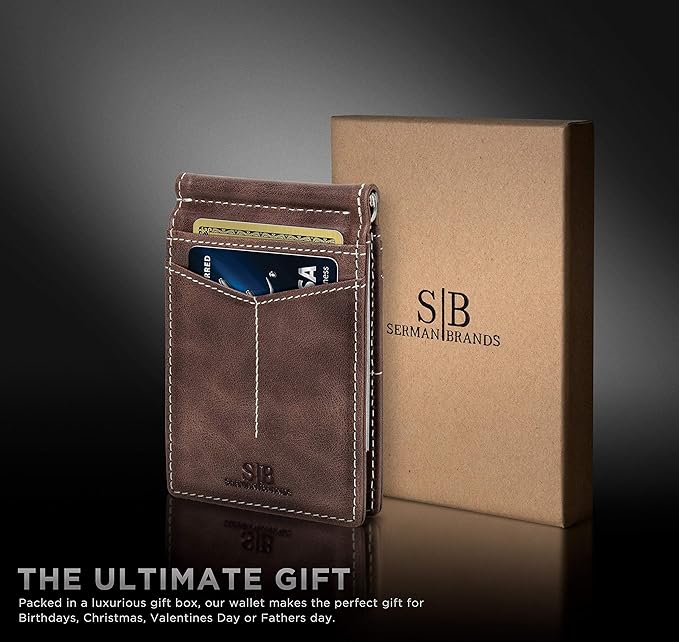 SERMAN BRANDS RFID Blocking Wallet Slim Bifold - Genuine Leather Minimalist Front Pocket Wallets for Men with Money Clip Gift