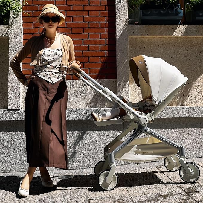 Hot Mom Baby Lightweight Stroller, Intelligent Seat Reversing，Double Brake and PU Anti-Shock Tire Combine Baby Pushchair, Newborn to Toddler's Baby Stroller, Brown