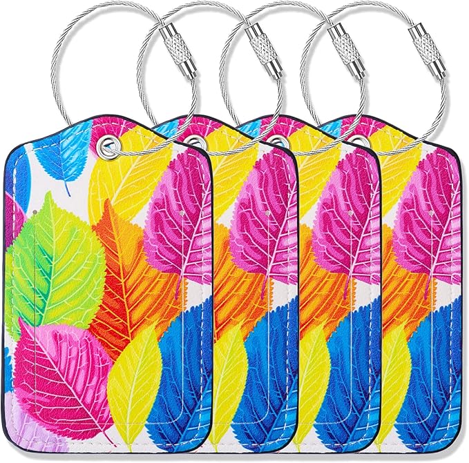 Luggage Tags for Suitcases-Leather Luggage Tag 4 Pack with Loops Cute Bag/Backpack/Suitcase Tags Travel Essentials for Flying (Colorful Leaft)