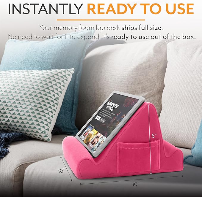 Brookstone, Memory Foam Lap Desk Tablet Holder, Holds Phones, iPads, E-Book Readers, 2 Viewing Angles, 2 Side Pockets for Accessories, Book Holder Cushion, Perfect Home, Car Travel, Flights, Pink