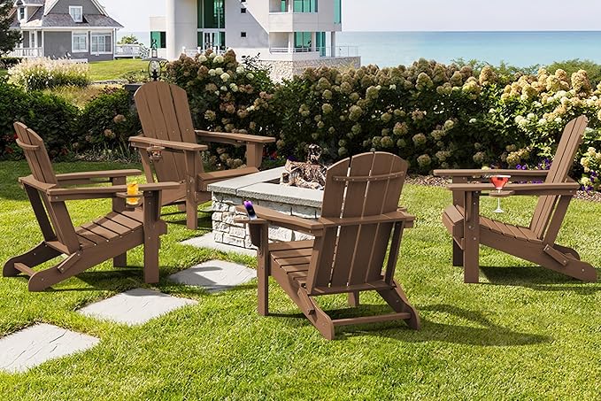 SERWALL Adirondack Chair with Cup Holders - Composite Adirondack Chairs HDPE Outdoor Chairs All Weather Use- Brown