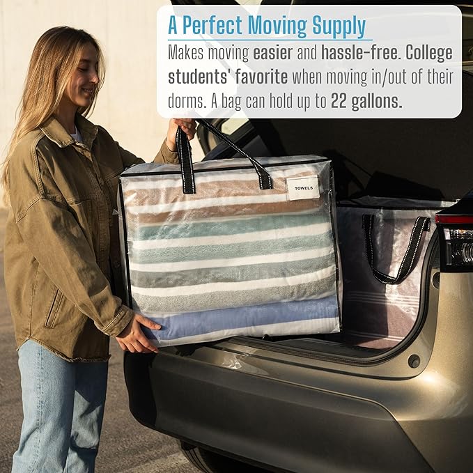 VENO 6 Pack Heavy Duty Moving Bags, Storage Bags, Packing Supplies, Top Zipper, Storage Totes for Camping, Clothes, Bedding, Comforters, Pillows (22 Gallon Clear, 6 Pack)