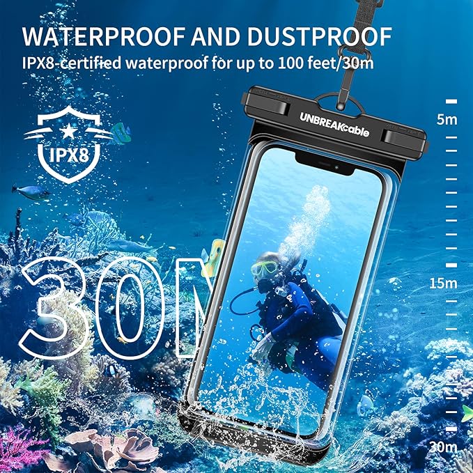 UNBREAKcable Waterproof Phone Pouch-2 Pack IPX8 Waterproof Phone Case for iPhone 16 15 14 13 12 11 Pro Max & Samsung S25 S24 S23-Dry Bag & Travel Essentials for Beach, Pool, Kayak & Cruise-7" Black