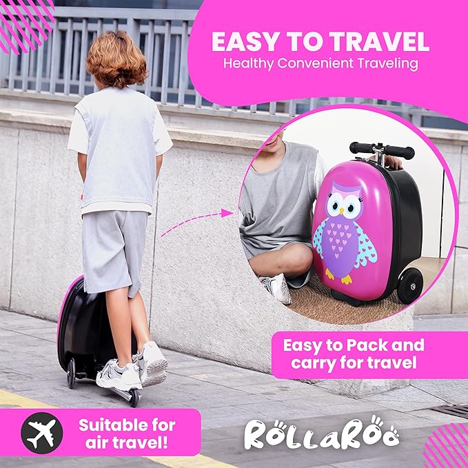 Owl Kids Scooter Suitcase - Folding Kids Luggage with Wheels - Multifunctional Ride on Luggage Travel suitcase with Strong Grip, Easy Locks and Zippers – Capacity to Hold 110LB