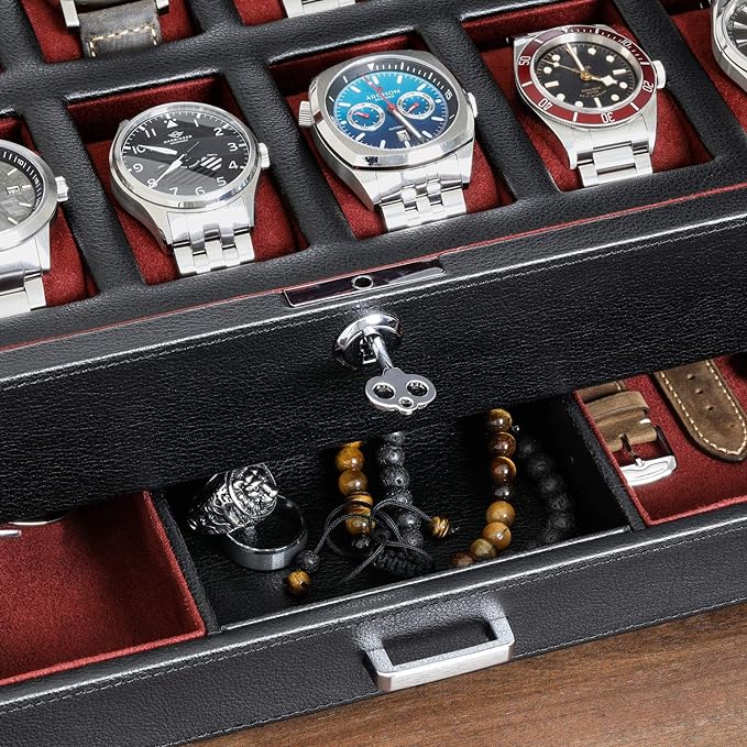 ROTHWELL 12 Slot Leather Watch Box with Valet Drawer - 12 Slot Luxury Watch Case Display Organizer, Microsuede Liner, Mens Accessories Holder, Jewelry Case, Jewelry Display Organizer (Black/Red)