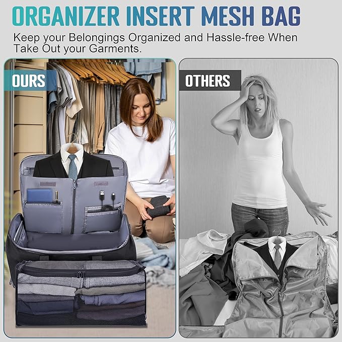 Convertible Garment Duffel Bag with Mesh Storage Bag, Water-Resistance Carry On Garment Bag with Suit Compartment, 2 in 1 Hanging Suit Travel Bag (Black)