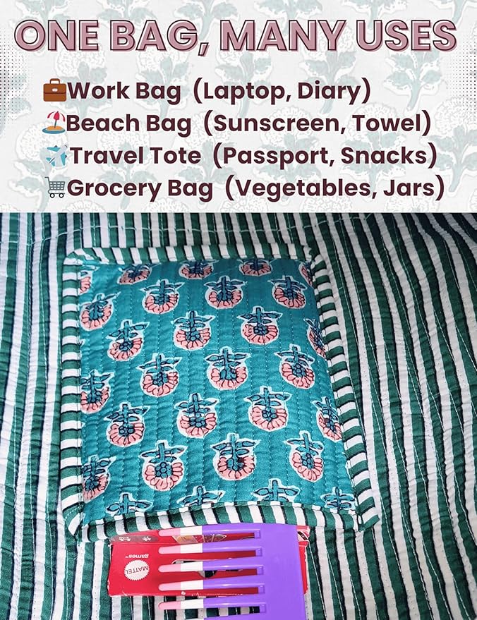 Cotton Quilted Tote Bag for Women – Large Beach & Travel Tote with Zipper, Reusable Grocery Bag