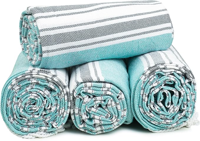 HILLFAIR Cotton Turkish Beach Towels, Quick Dry Lightweight Sand Free Peshtemal Towel for Bath Swim Yoga Pool Travel, Beach Accessories, Oversized Cotton Turkish Towel (39 x 72 inch- 4 Pack Aqua Grey)